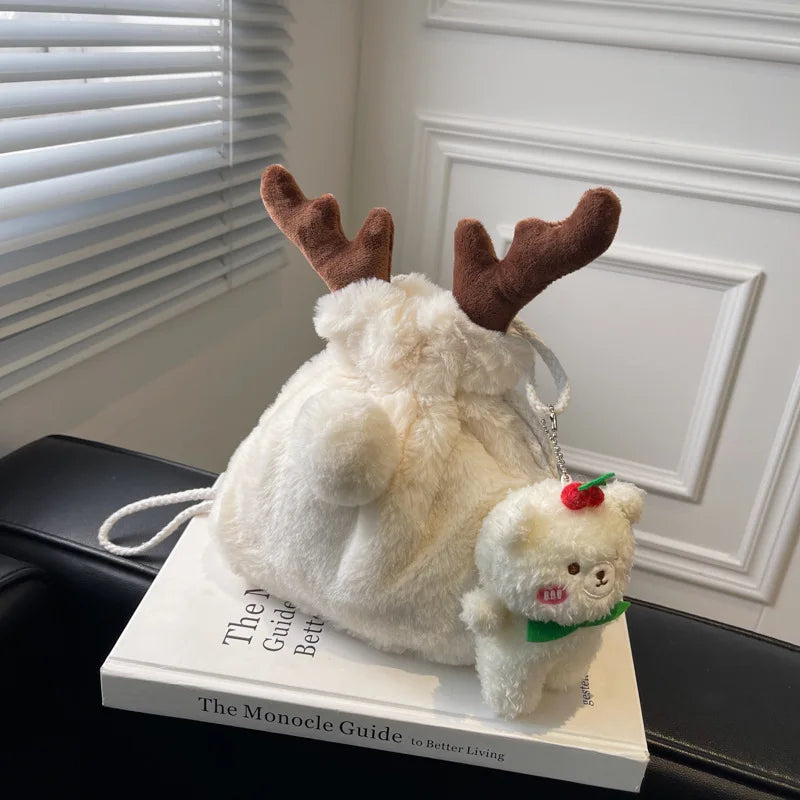 Winter Plush Shoulder Bag Ins Christmas Elk Horn Bucket Bag