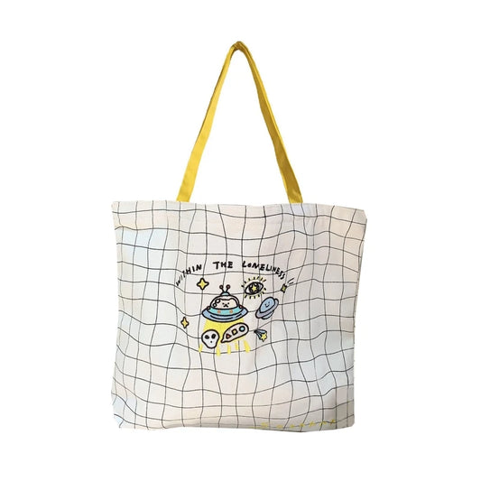 Plaid Canvas Shoulder Bag Embroidered Handbag Lady Casual Tote