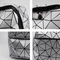 Geometric Patchwork School Backpack for Teenage Girls - Holographic