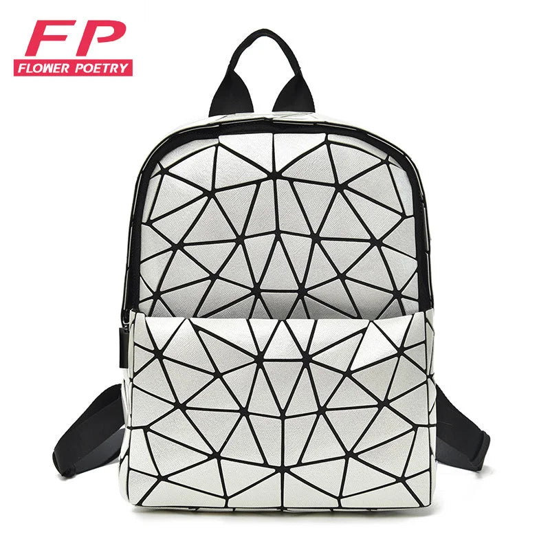 Geometric Patchwork School Backpack for Teenage Girls - Holographic