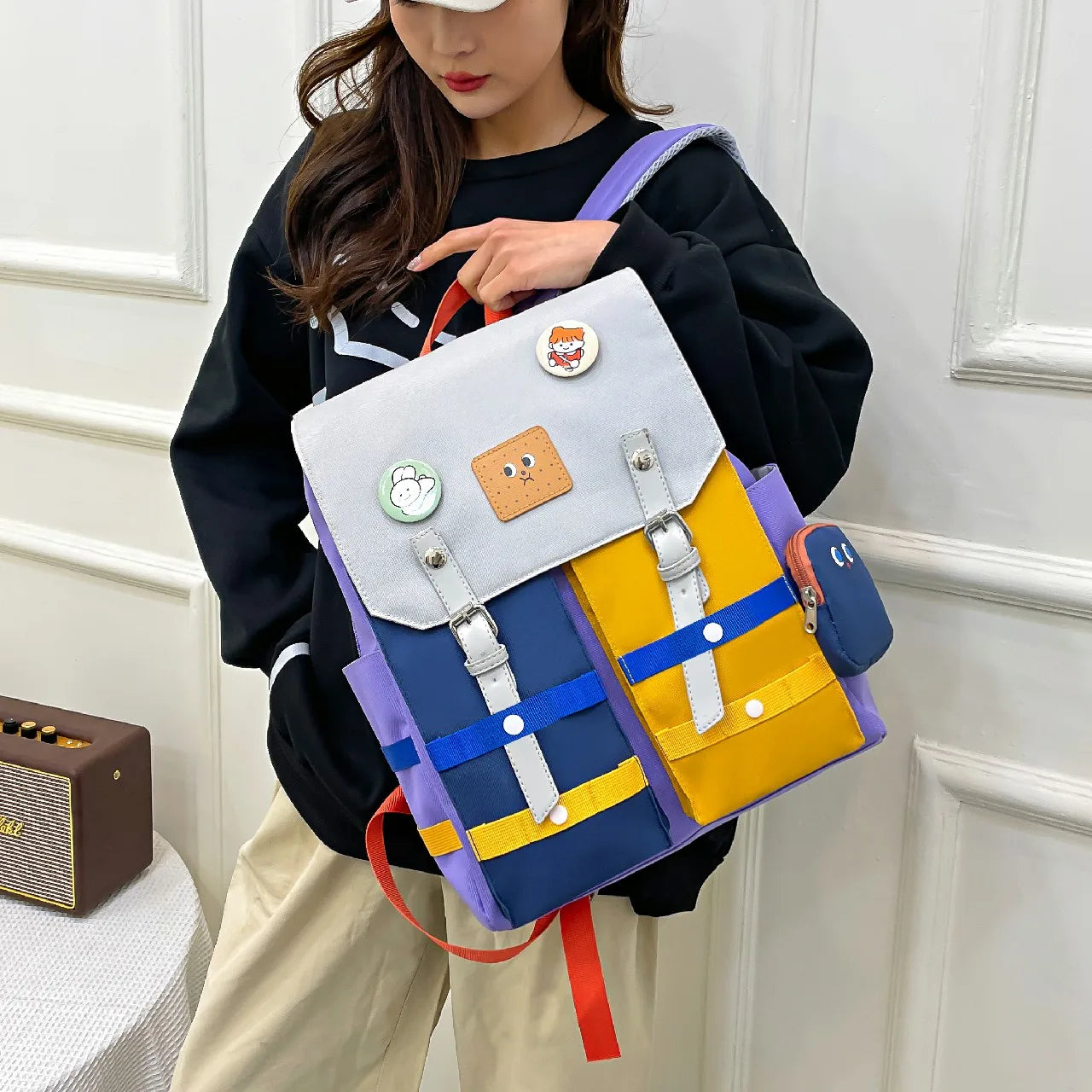 Women Backpack Contrast Colors Nylon Travel Schoolgirl Schoolbag
