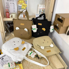 Women Canvas Bear Shoulder Bag High Capacity Tote Messenger Small Square Bag