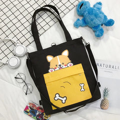 Cartoon Dog Canvas Shoulder Bag Foldable Shopping Tote