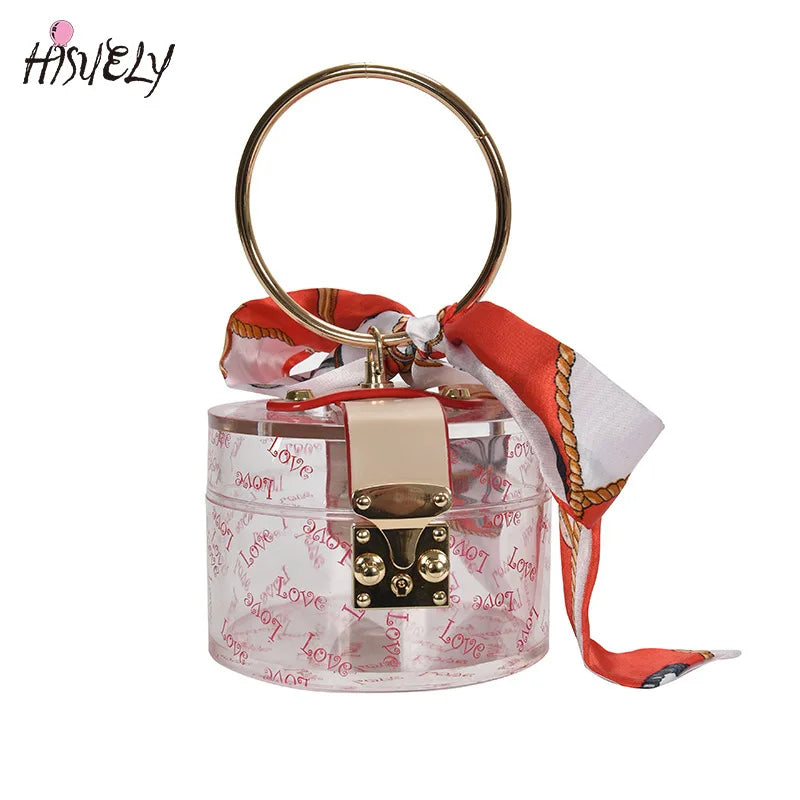 Metal Handle Acrylic Clutch Bag With Scarf