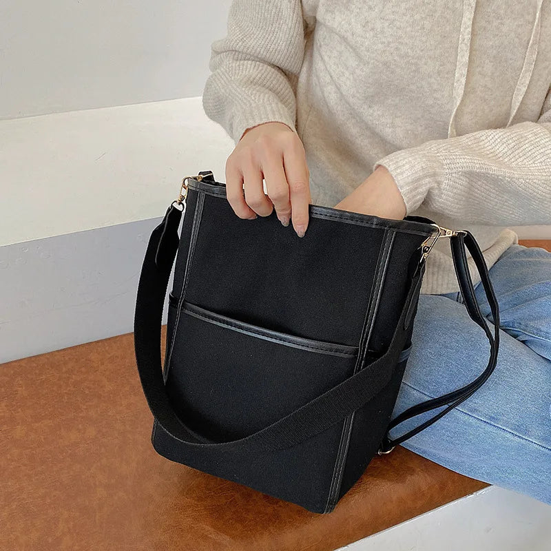 Canvas Shoulder Bag Wide Strap Messenger Bucket Bag
