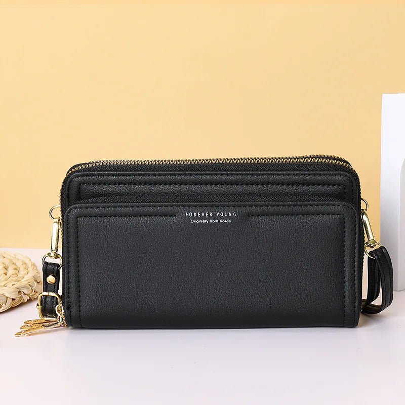 Women Double Zipper Large-capacity Bags Soft Leather Shoulder Wallet