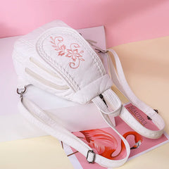 Women Leather Backpack Small Travel Backpack Flowers Embroidery School Bags