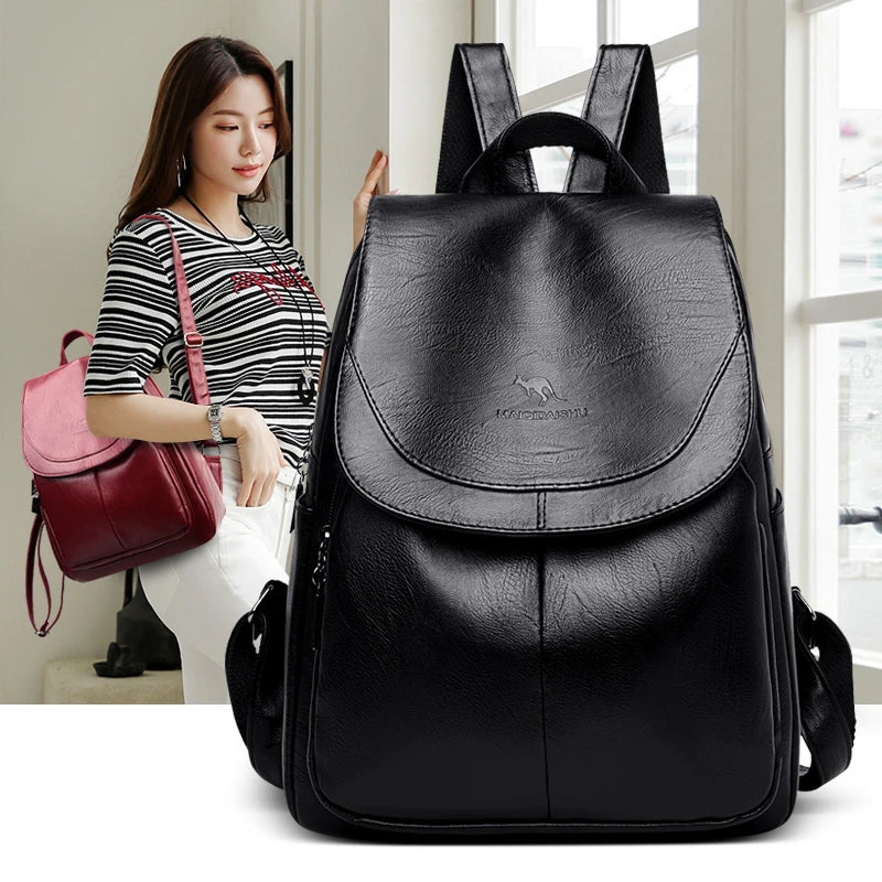 High Female Vintage Leather Backpack for Girls School Bag