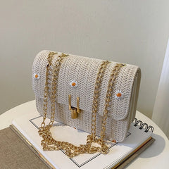 Women Straw Woven Shoulder Crossbody Messenger Bag Summer Beach Chain Handbag