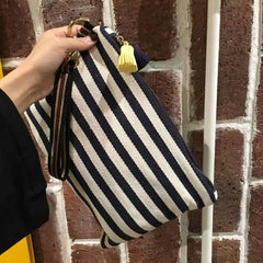 Women Striped Clutch Tassel Lady Small Bag Canvas Purse Envelope Bag