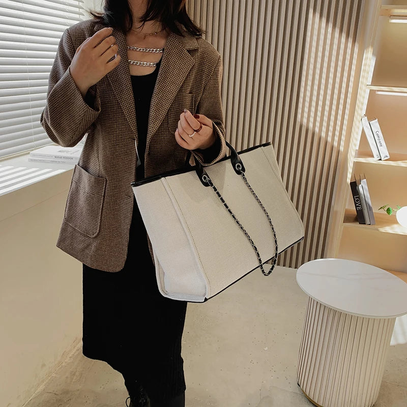 Canvas Large Tote Bag Chains Shoulder Bags Women Handbag Shopping Bag