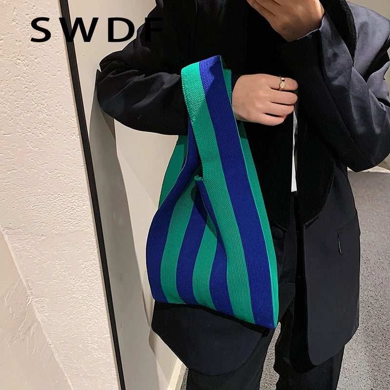 Women's Striped Shoulder Bag Large Capacity Luxury Handbag