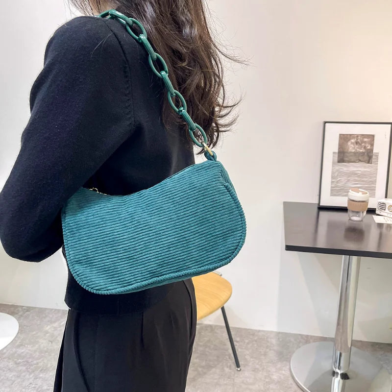 Retro Corduroy Solid Shoulder Underarm Bag Chain Small Handbags