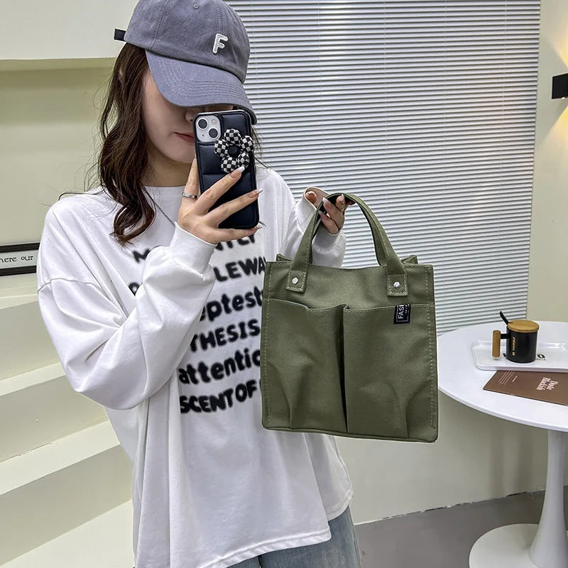 Women's Splicing Tote Bag Casual Shopping Bag Pocket Practical Canvas Bag