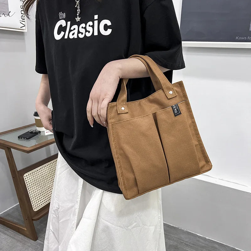 Women's Splicing Tote Bag Casual Shopping Bag Pocket Practical Canvas Bag