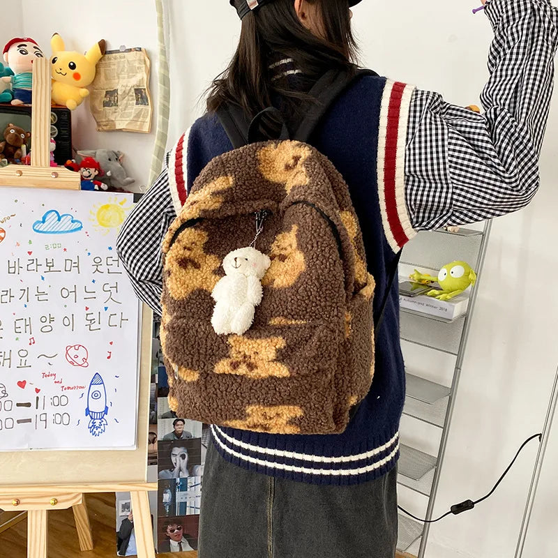 Women's Retro Shoulder Bag Girl Cartoon Bear Plush Backpack