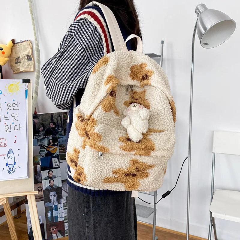 Women's Retro Shoulder Bag Girl Cartoon Bear Plush Backpack