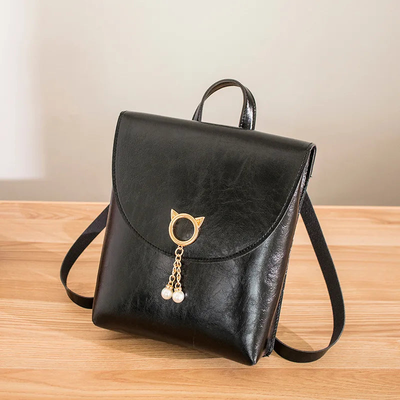 Women's Mini Backpack Pearls Decoration PU Leather Student Bagpack
