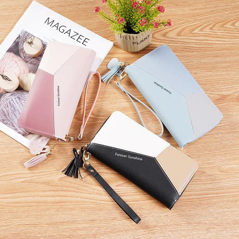 Contrasting Splicing Zipper Tassel Large Capacity Purse Mobile Phone Bag