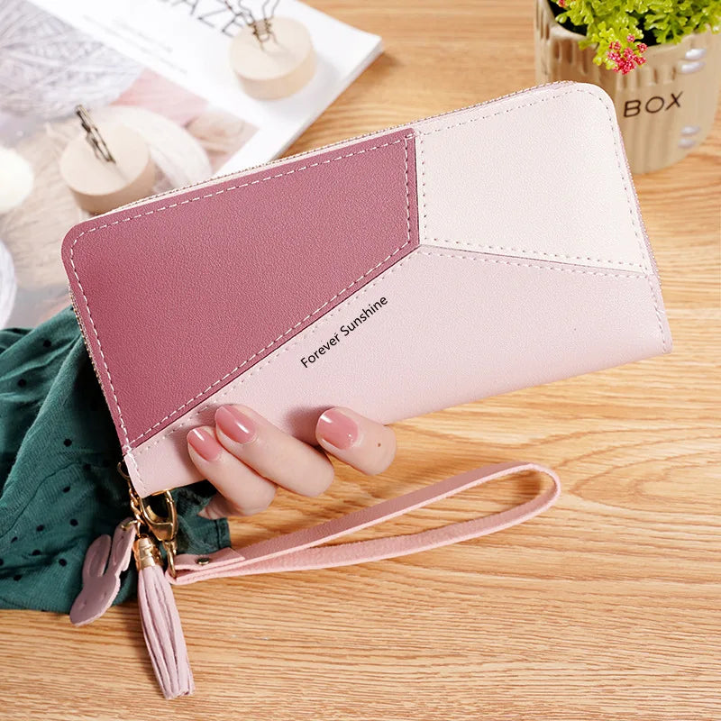 Women's Contrast Splicing Tassel Zipper Purse Large Capacity Phone Bag