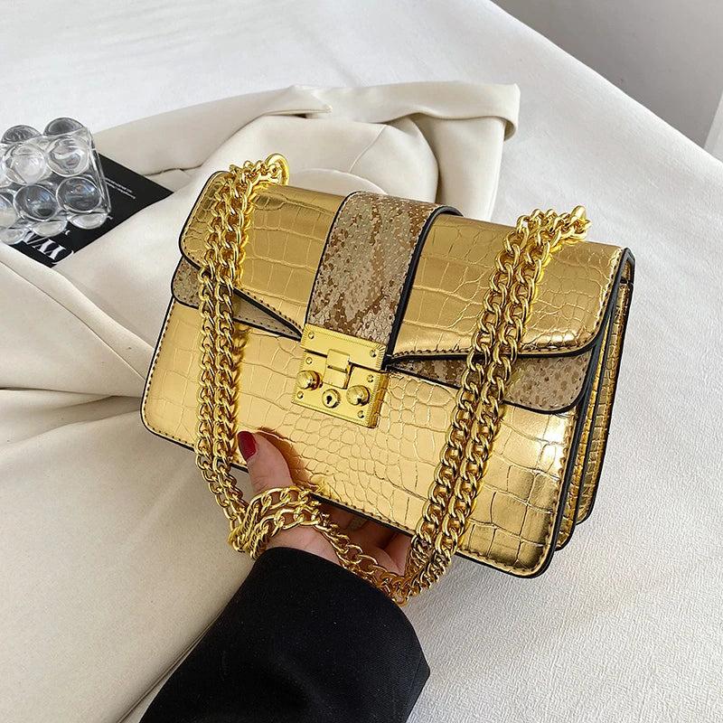 Crocodile Crossbody Small Square Women Bag, Chains Messenger Bag
