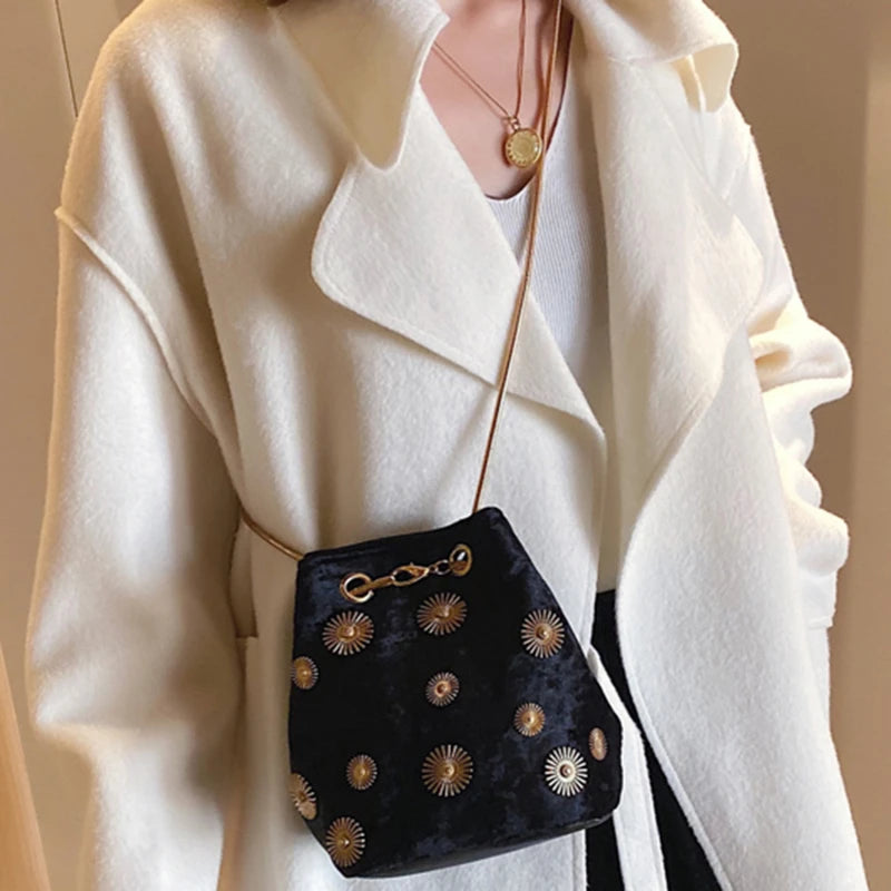 Velvet Bucket Bag with Chain Strap
