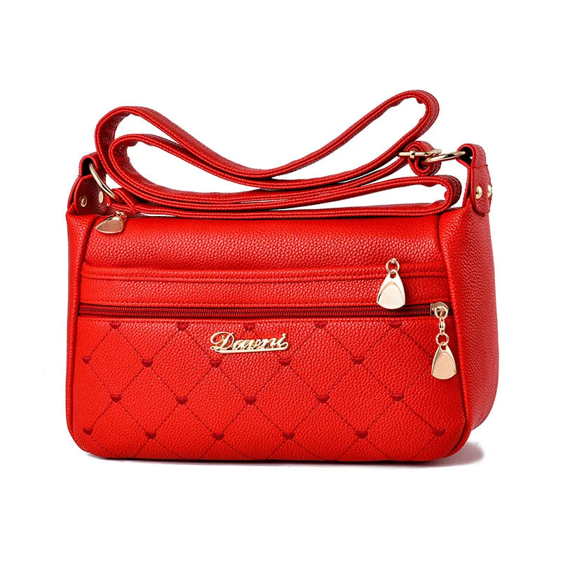 Women's Embroidery Thread Shoulder Messenger Bag Soft Leather Multi-layer Bag
