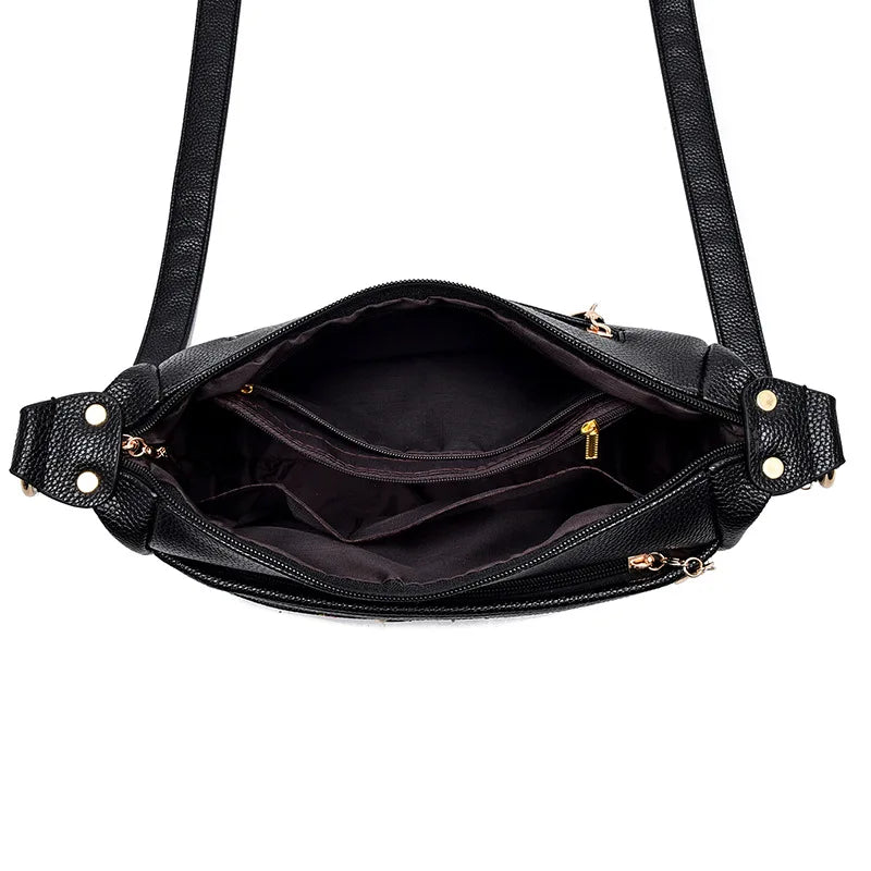 Women's Embroidery Thread Shoulder Messenger Bag Soft Leather Multi-layer Bag