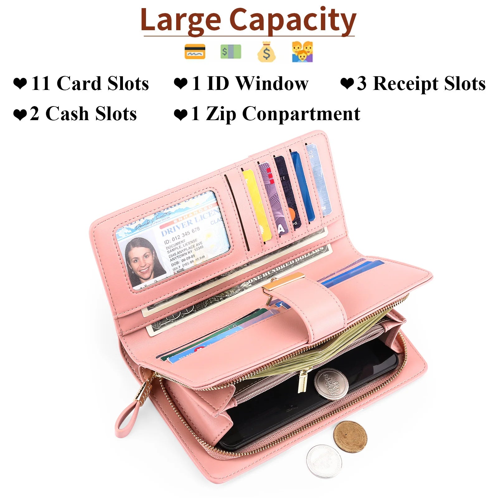 Long Zipper Wallet Contrast PU Leather Large Capacity Handbag