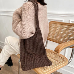 Vintage Wool Knitted Tote Shoulder Bag For Women