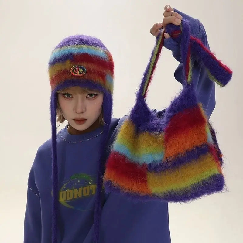 Vintage Rainbow Stripe Cotton Knit Shoulder Bag