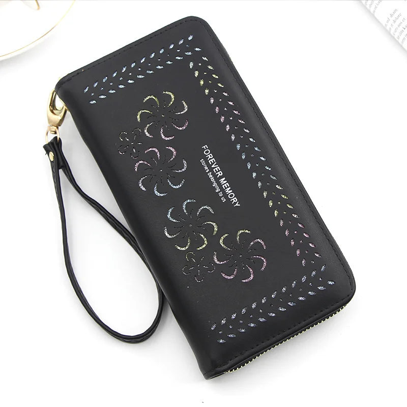 Women's Flower Hollow Wallet with Long Zipper Mobile Phone Bag