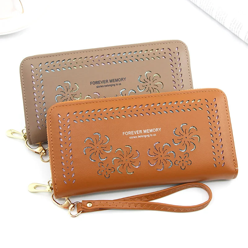 Women's Flower Hollow Wallet with Long Zipper Mobile Phone Bag