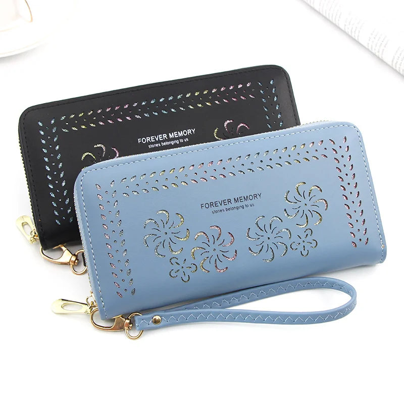 Women's Flower Hollow Wallet with Long Zipper Mobile Phone Bag