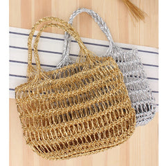 Silver Thread Crocheted Beach Bag Straw Bag Portable Vacation Leisure