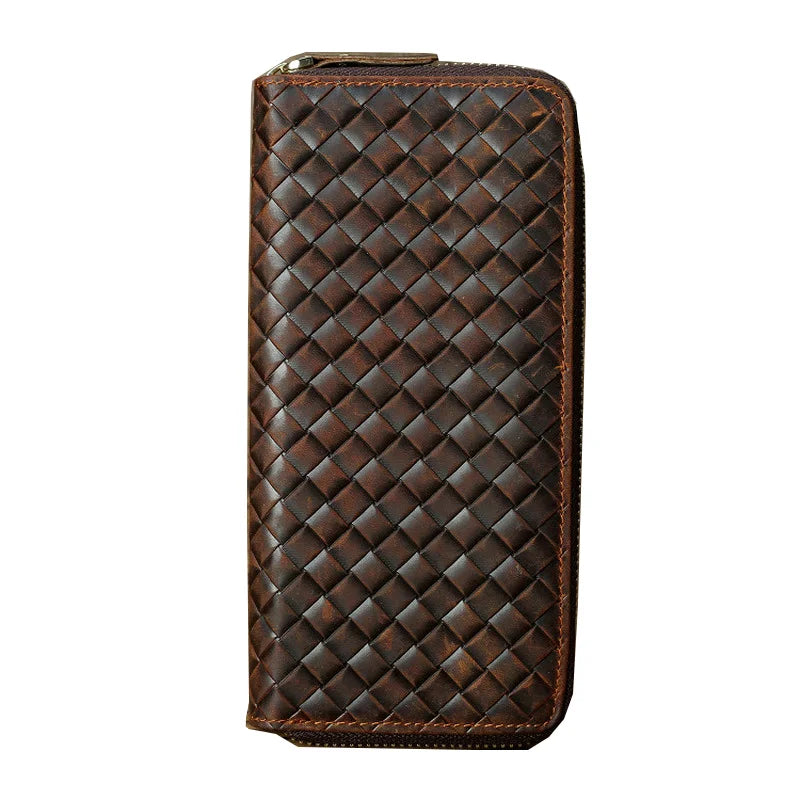 Genuine Leather Weave Wallet Long Zipper Purse Men Women