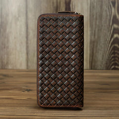 Genuine Leather Weave Wallet Long Zipper Purse Men Women
