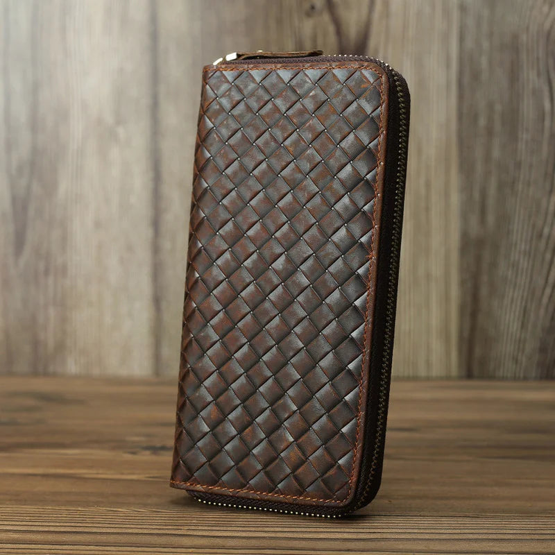 Genuine Leather Weave Wallet Long Zipper Purse Men Women