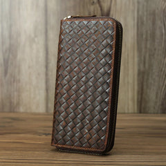 Genuine Leather Weave Wallet Long Zipper Purse Men Women