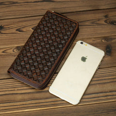 Genuine Leather Weave Wallet Long Zipper Purse Men Women