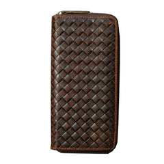 Genuine Leather Weave Wallet Long Zipper Purse Men Women