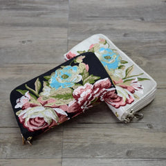 National wind embroidered long wallet double zipper purse