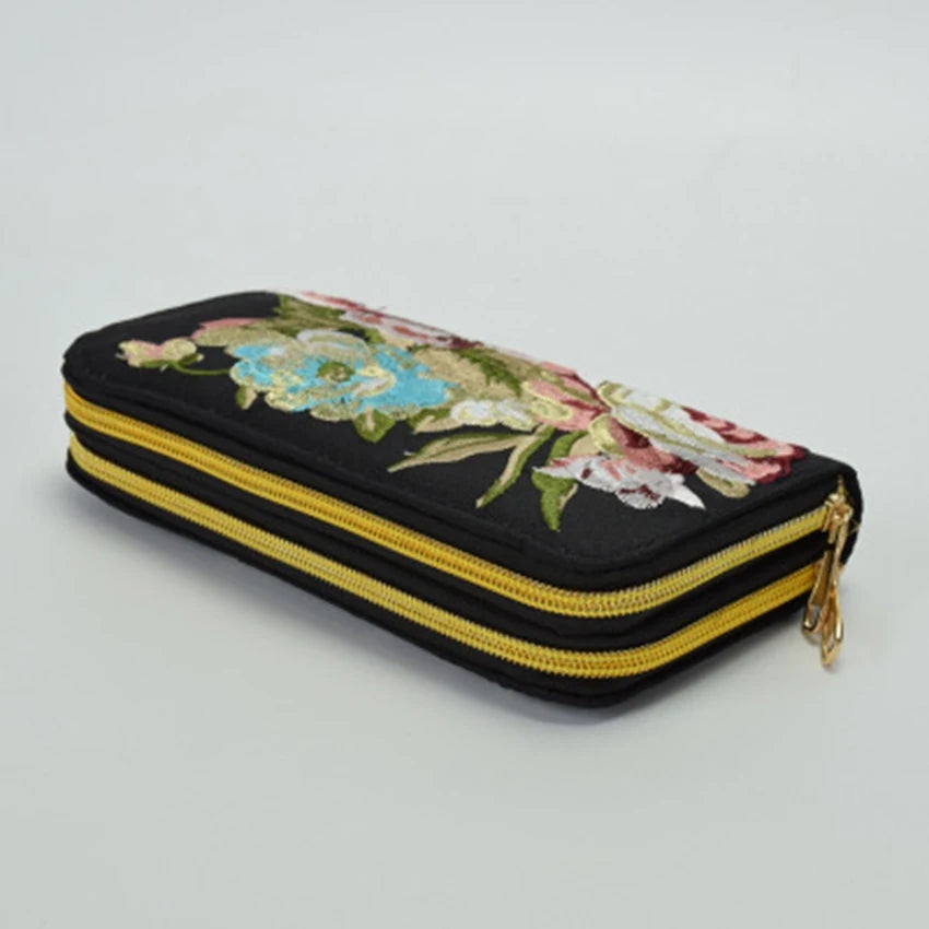 National wind embroidered long wallet double zipper purse
