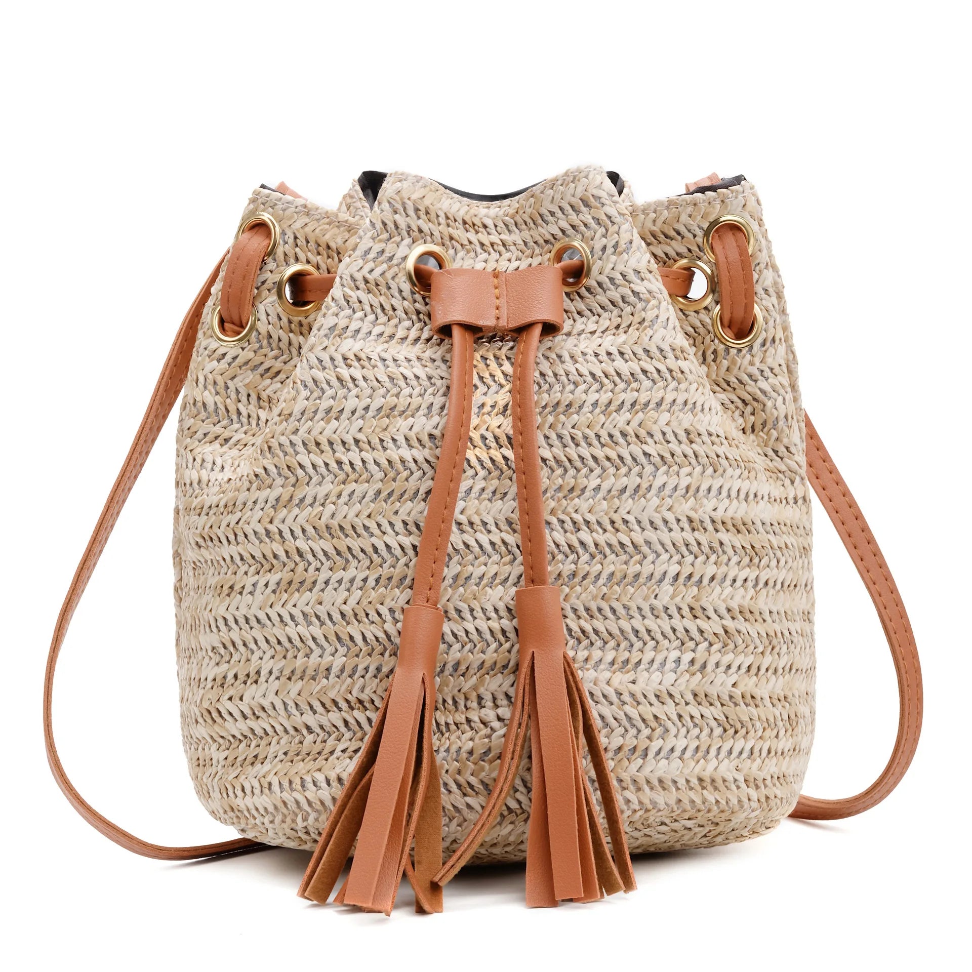 One-Shoulder Straw Bag Tassel Bucket Bag Messenger Female Bag