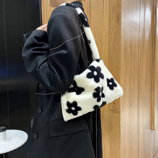 Flower Heart Print Shoulder Bag Plush Handbags Women Autumn Winter