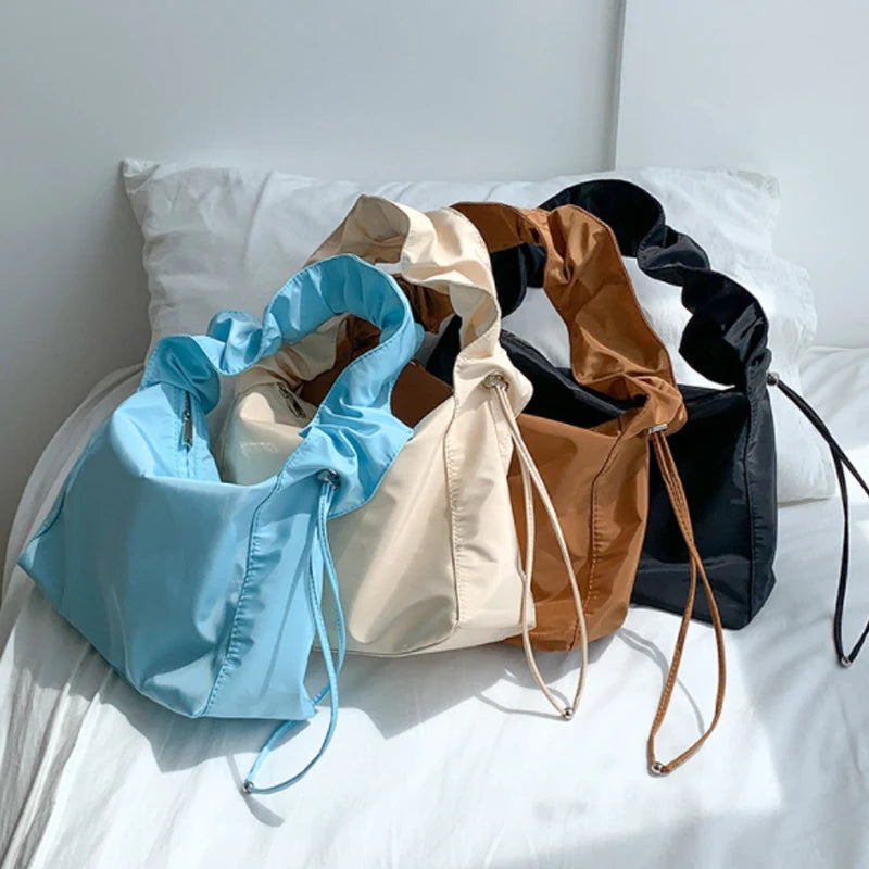 Women's Drawstring Pleated Bag Nylon Handbag