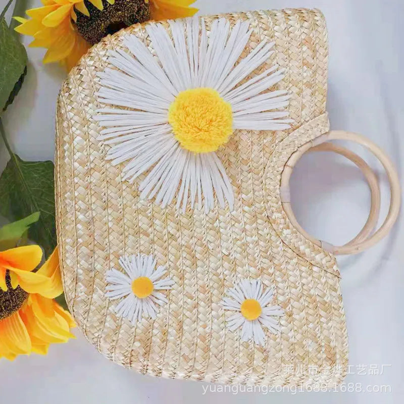 Small Daisy Embroidery Straw Beach Bag