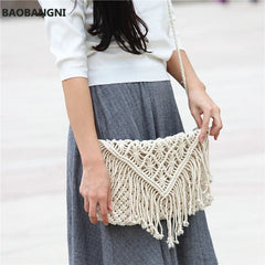 Tassel Straw Beach Bag Large Clamshell Hand-Woven Cotton Messenger Bag