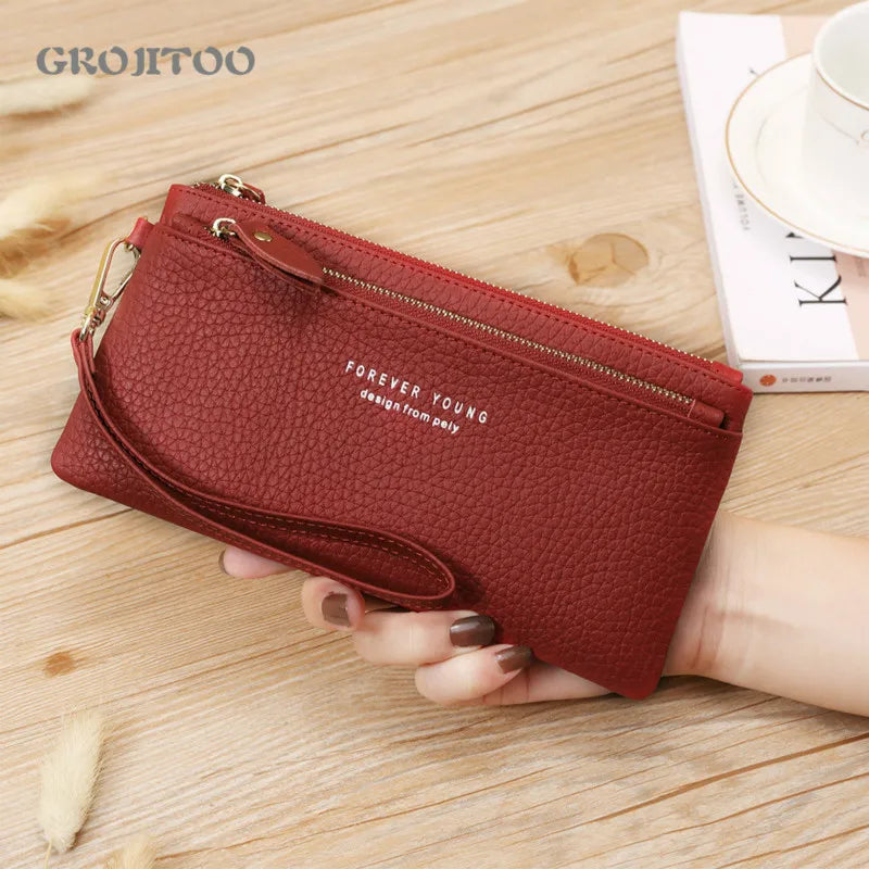 Long Cowhide Leather Wallet Large Capacity Zipper Handbag for Women
