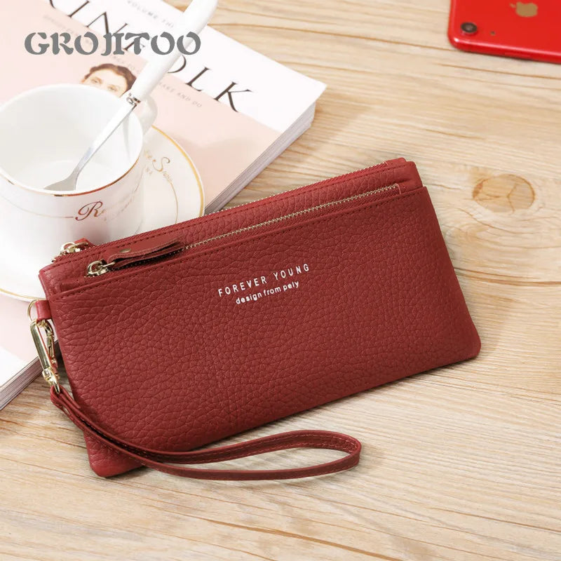 Long Cowhide Leather Wallet Large Capacity Zipper Handbag for Women